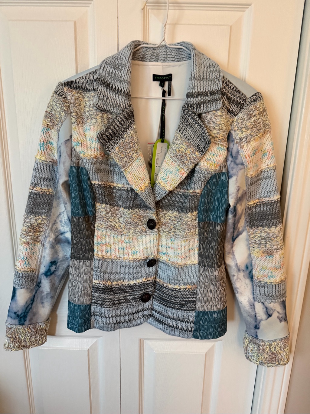 Tricotto Multicolor Knit Patchwork Blazer With Teal Accents